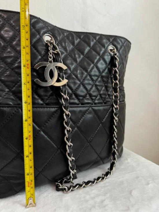 Vintage Chanel Quilted Black Leather Chain Tote Large Shoulder Bag Authentic - Picture 7 of 9